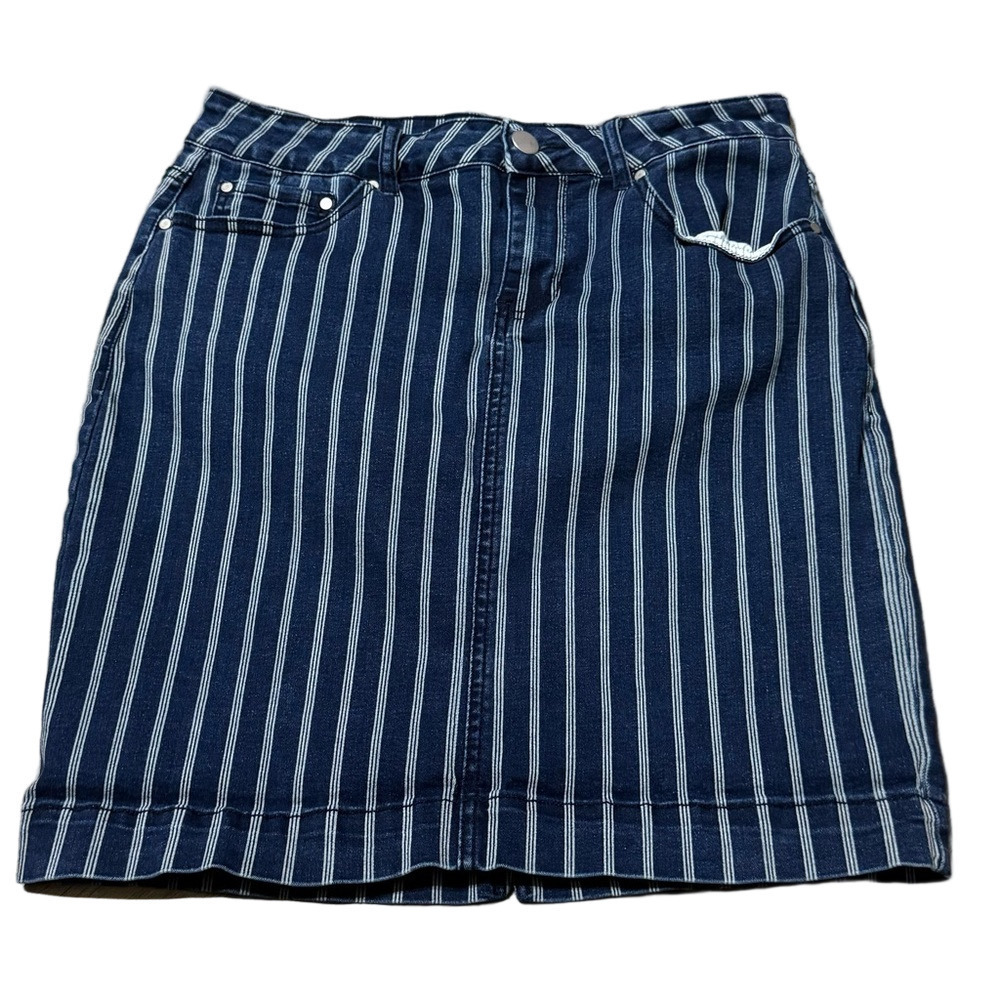 Baccini Navy Striped Denim Skirt Cotton Polyester Rayon Spandex Women Size 6 - Picture 2 of 11